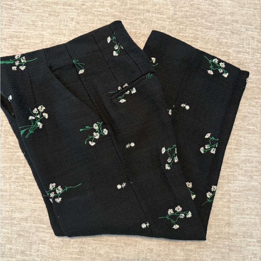 Zara Black Pants with Green Floral Detail